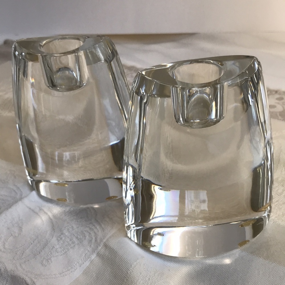Waterford Crystal Eclipse 4” Candlestick Holders Pair Minimalist Signed